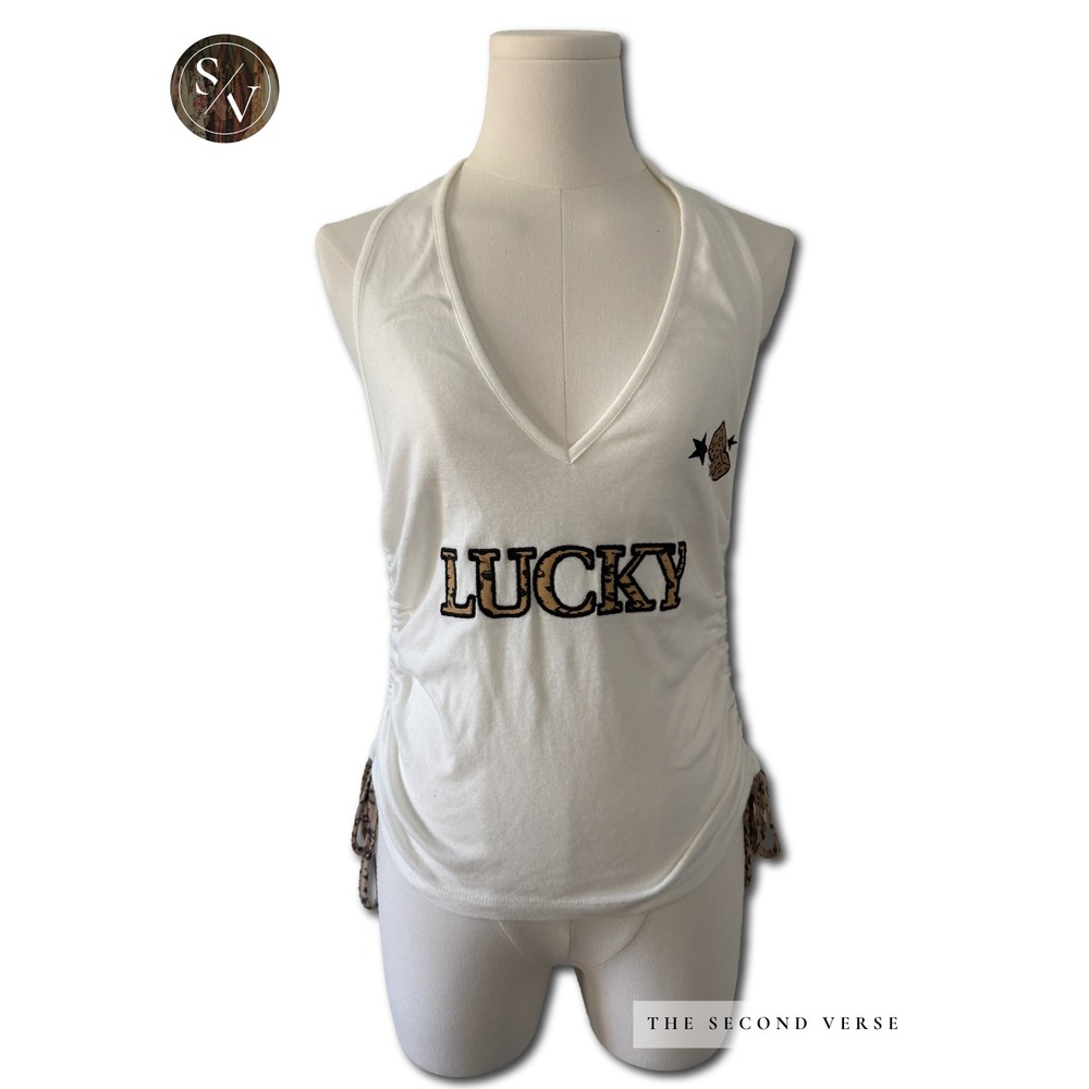Urban Outfitters Halter Top White Lucky Leopard Dice Ruched Y2K Style Size L